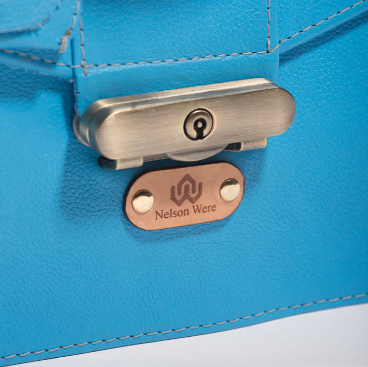 leather structured top handle bag - tiggy blue - antique brass lock