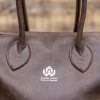 Brown leather bucket top handle bag with adjustable shoulder strap - Image 4