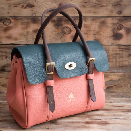 'Niki' leather tote in Coral Pink , British Racing Green flap and Brown adjustable top handles (pre-order only)