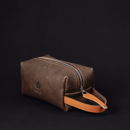 Travel wash bag - Rich dark brown with orange tan